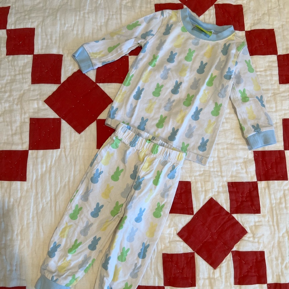 Classic Whimsy Easter Bunny Print Pajama Set in Light Blue, Green & Yellow
